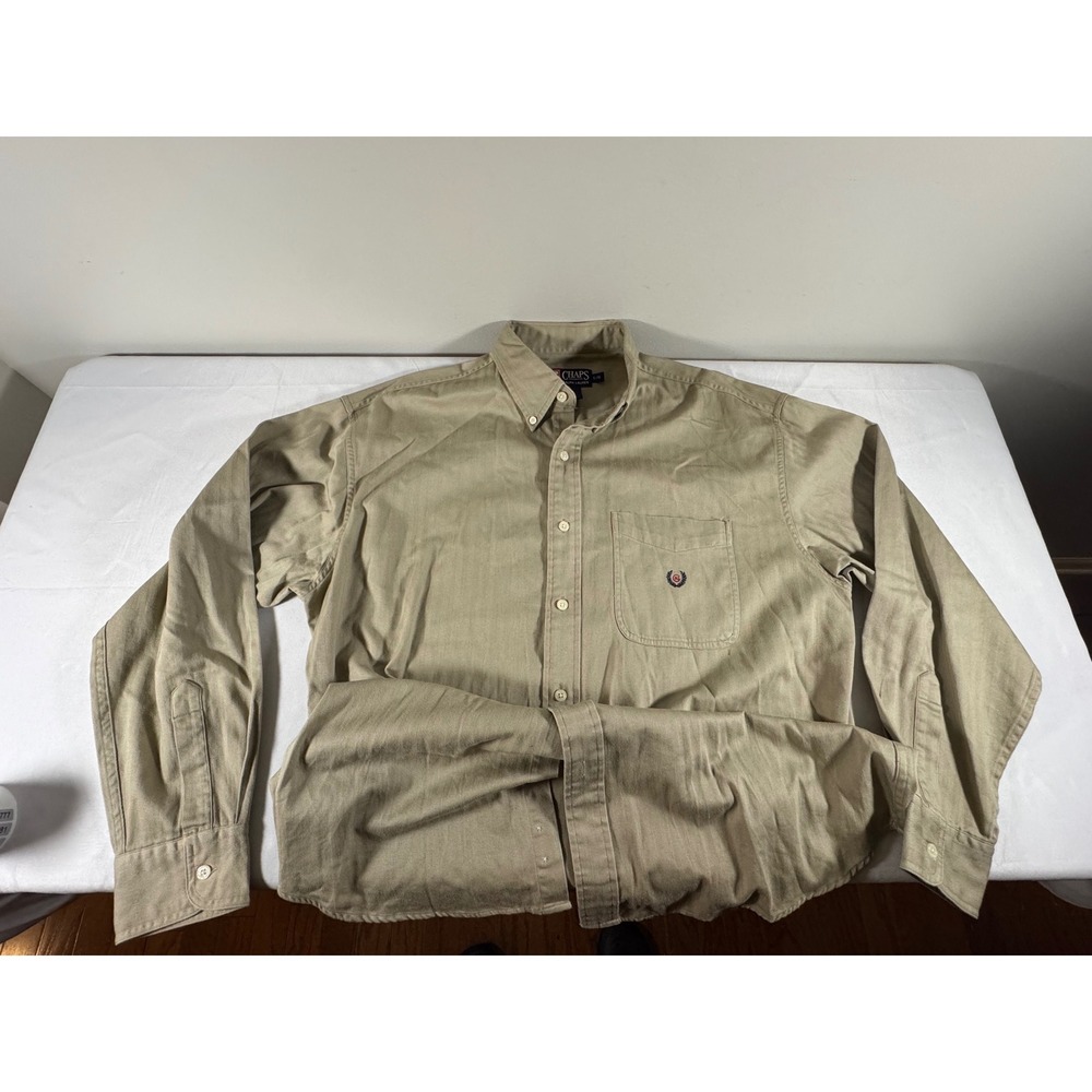 Chaps Ralph Lauren Mens Large Tan Herringbone Cotton Button Down Shirt Khaki